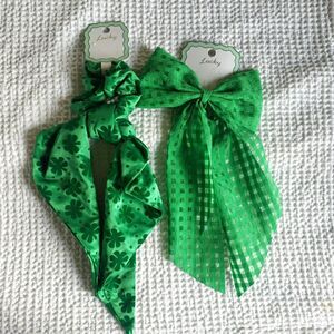 Lucky St. Patrick's Day Green Hair Bow Clip Scrunchie Streamer Shamrock Set of 2